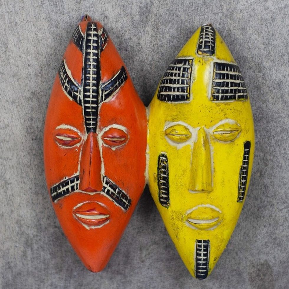 Yellow and Orange Sese Wood Mask 'Colorful Couple'