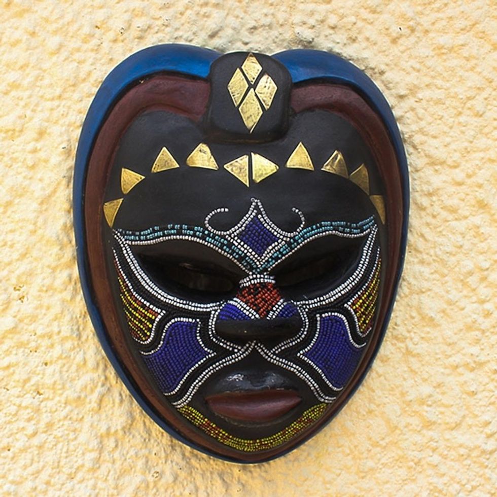 African Wood Wall Mask with Brass and Beading 'Kande'