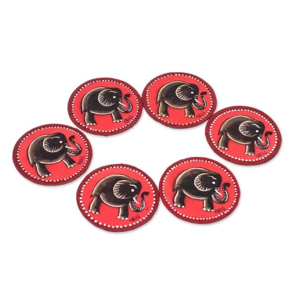Alternate image for Elephant-Themed Cotton Coasters from Ghana Set of 6 Red Elephant