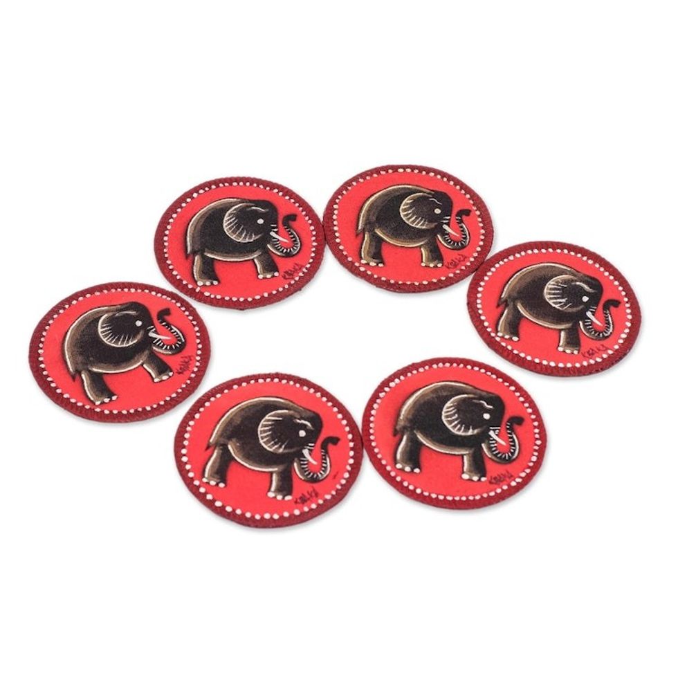 Elephant-Themed Cotton Coasters from Ghana Set of 6 'Red Elephant'