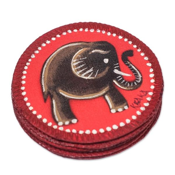 Alternate image for Elephant-Themed Cotton Coasters from Ghana Set of 6 Red Elephant