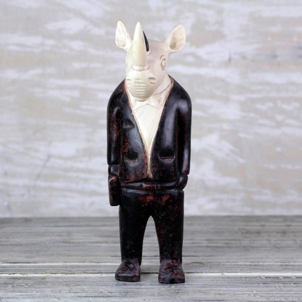Sese Wood Anthropomorphic Rhino Sculpure from Ghana 'Cool Rhino'