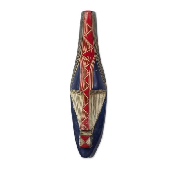 Alternate image for Handcrafted African Sese Wood Mask in Blue and Red Amewuga
