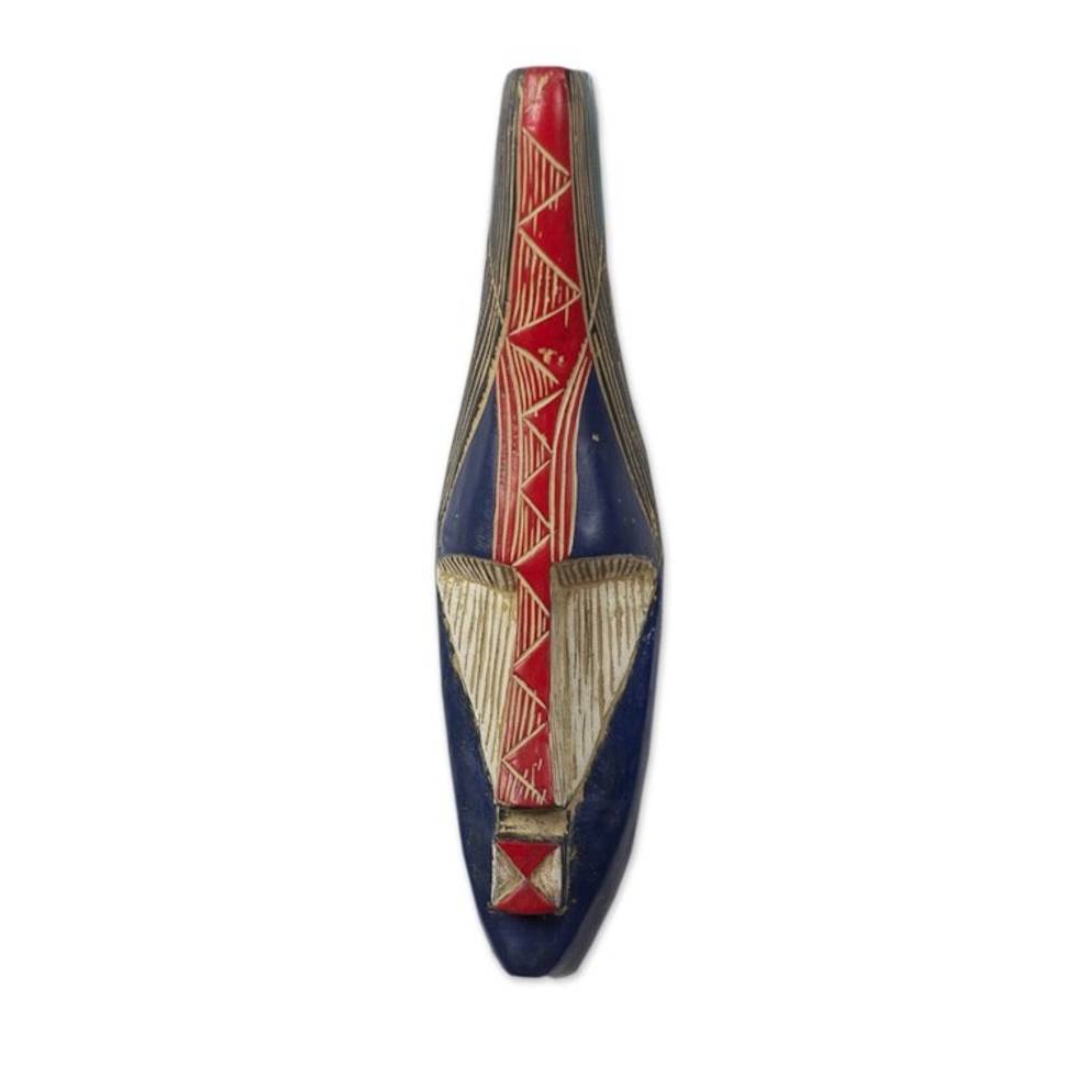 Handcrafted African Sese Wood Mask in Blue and Red 'Amewuga'
