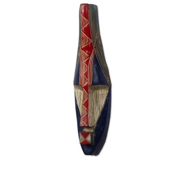 Alternate image for Handcrafted African Sese Wood Mask in Blue and Red Amewuga