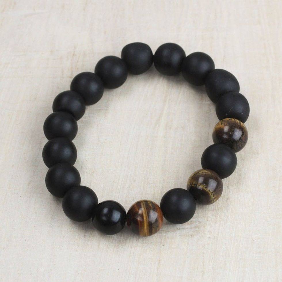 Tiger's Eye Matte Black Recycled Glass Bead Stretch Bracelet 'Bold Is Beautiful'