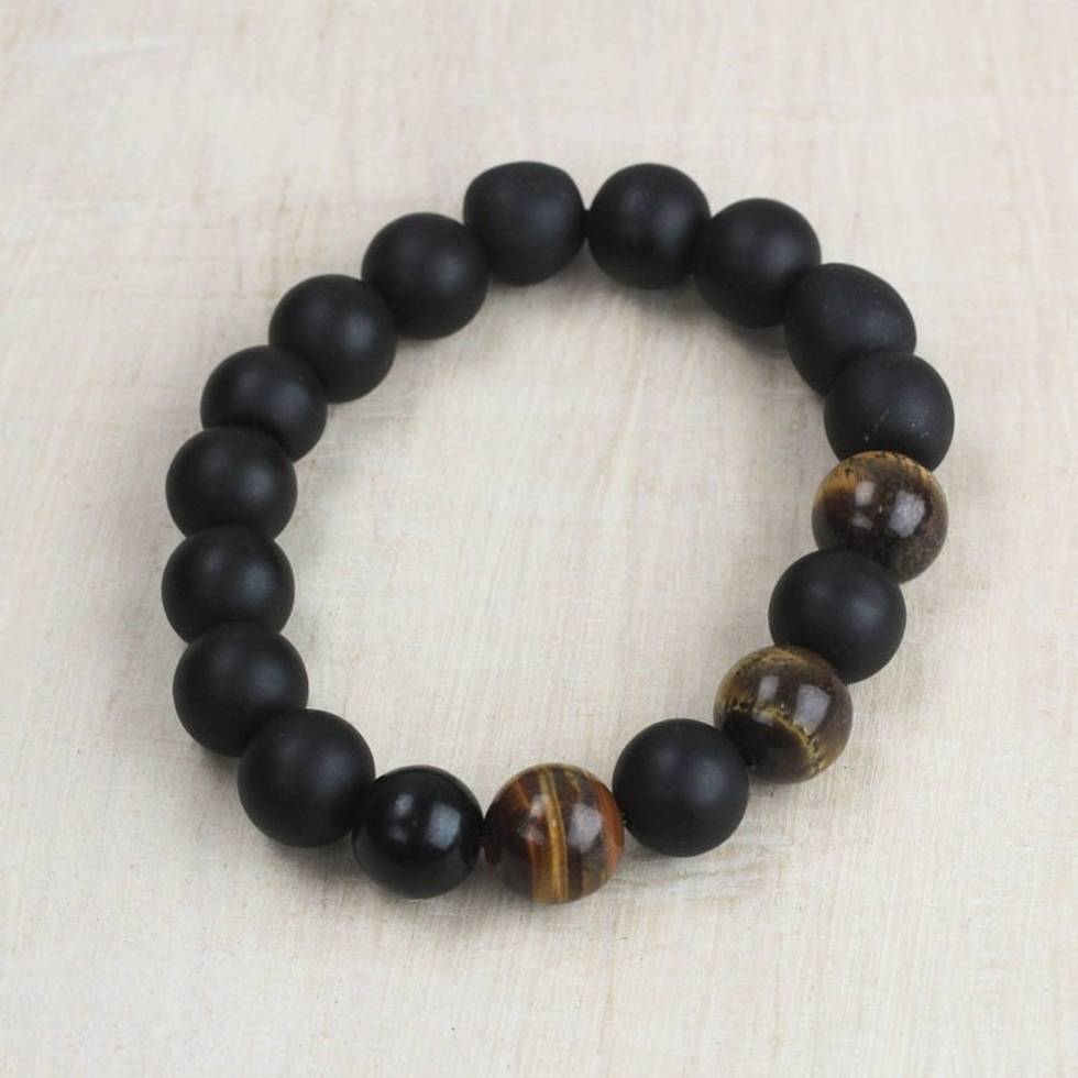 Tiger's Eye Matte Black Recycled Glass Bead Stretch Bracelet 'Bold Is Beautiful'