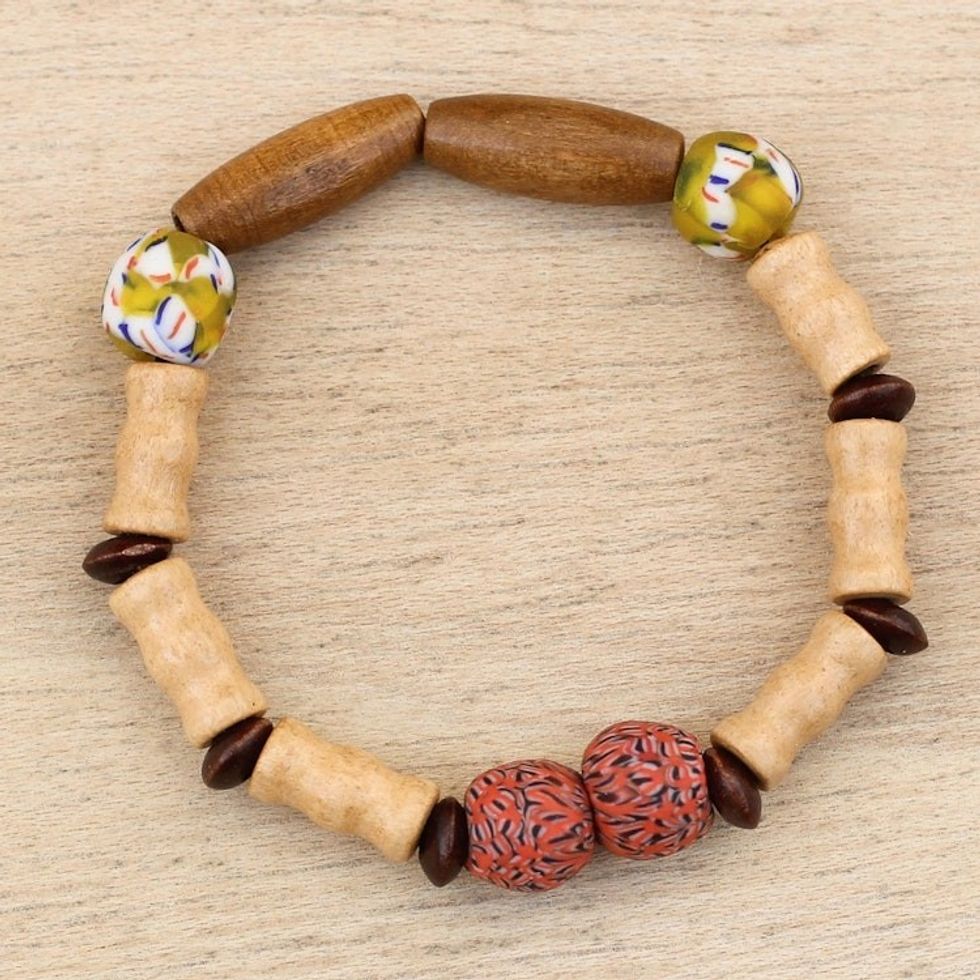 Beaded Stretch Bracelet with Wood and Recycled Glass 'Intuitive Beauty'