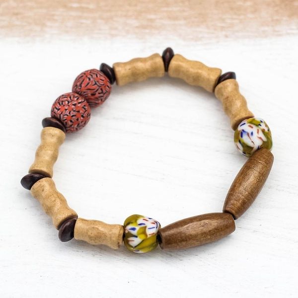 Alternate image for Beaded Stretch Bracelet with Wood and Recycled Glass Intuitive Beauty