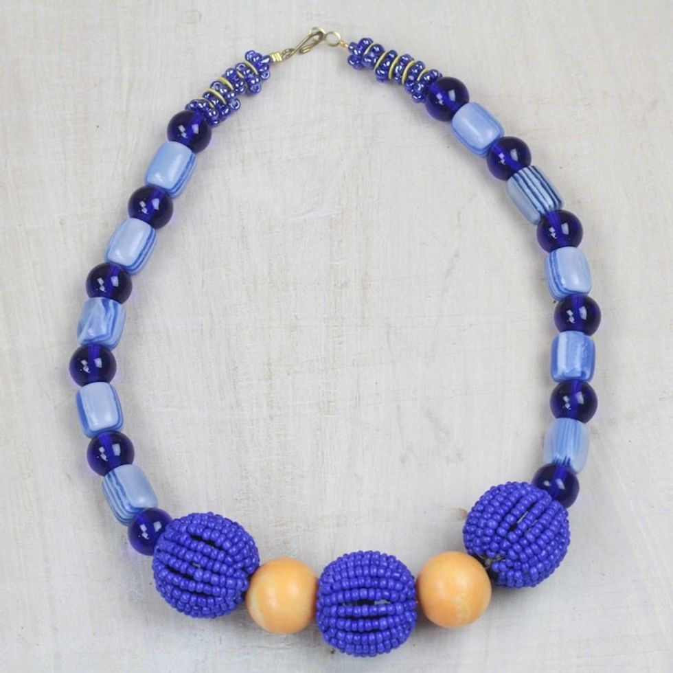 Recycled Glass and Plastic Beaded Pendant Necklace in Blue 'Grateful'