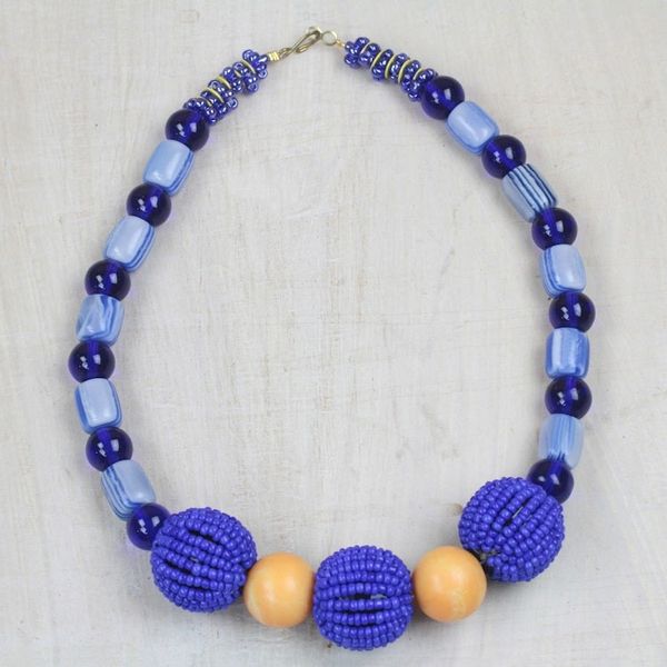 Alternate image for Recycled Glass and Plastic Beaded Pendant Necklace in Blue Grateful