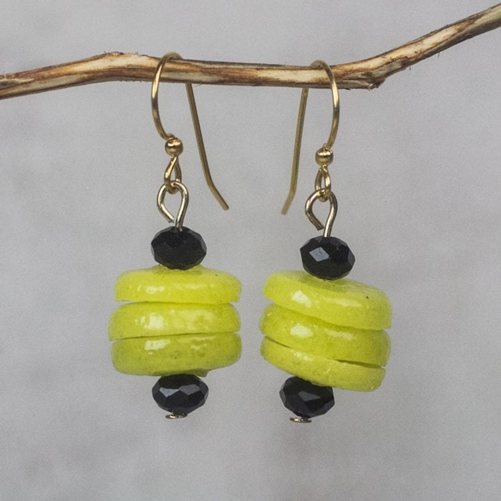 Yellow Recycled Glass and Plastic Beaded Dangle Earrings 'Renewed Cheer'