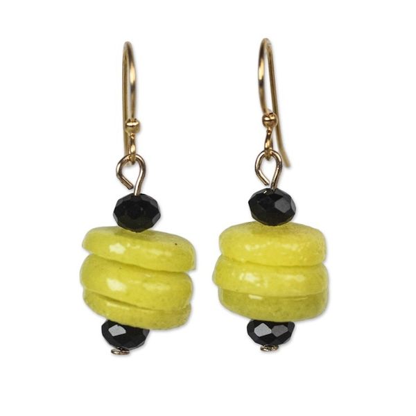 Alternate image for Yellow Recycled Glass and Plastic Beaded Dangle Earrings Renewed Cheer
