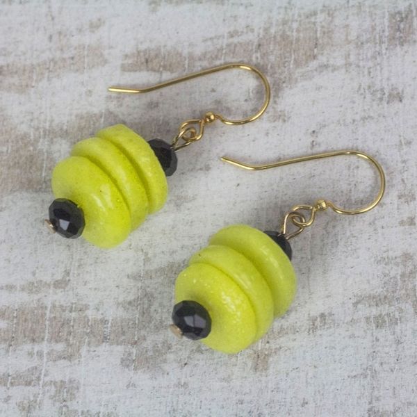 Alternate image for Yellow Recycled Glass and Plastic Beaded Dangle Earrings Renewed Cheer