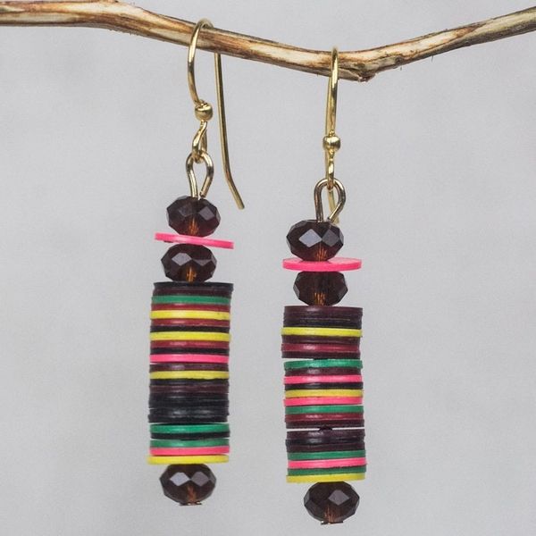 Alternate image for Colorful Recycled Plastic Disc Dangle Earrings from Ghana Joyful Tower
