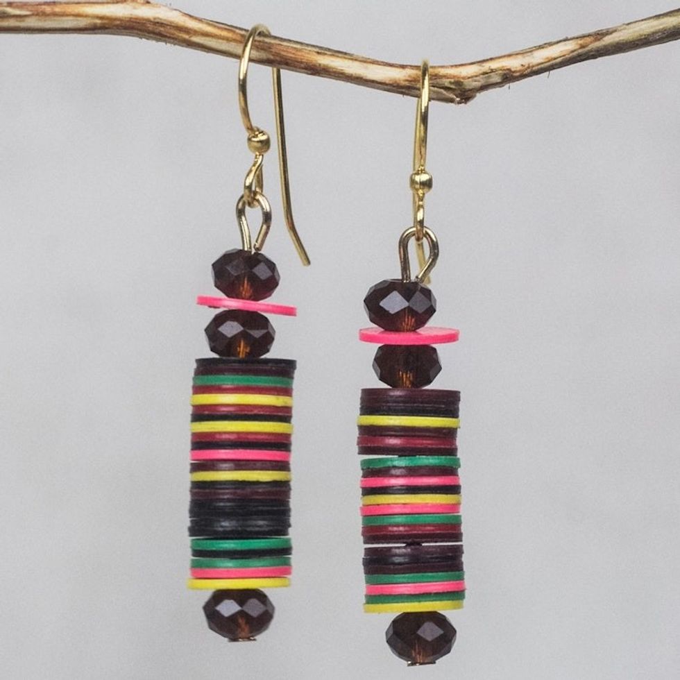 Colorful Recycled Plastic Disc Dangle Earrings from Ghana 'Joyful Tower'