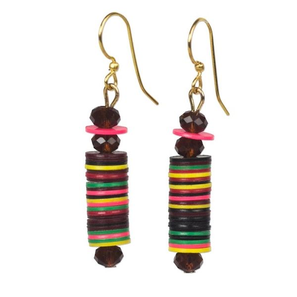 Alternate image for Colorful Recycled Plastic Disc Dangle Earrings from Ghana Joyful Tower