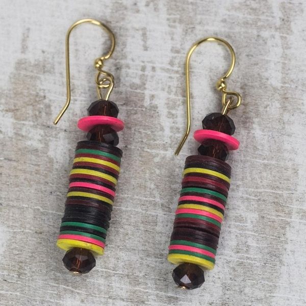 Alternate image for Colorful Recycled Plastic Disc Dangle Earrings from Ghana Joyful Tower