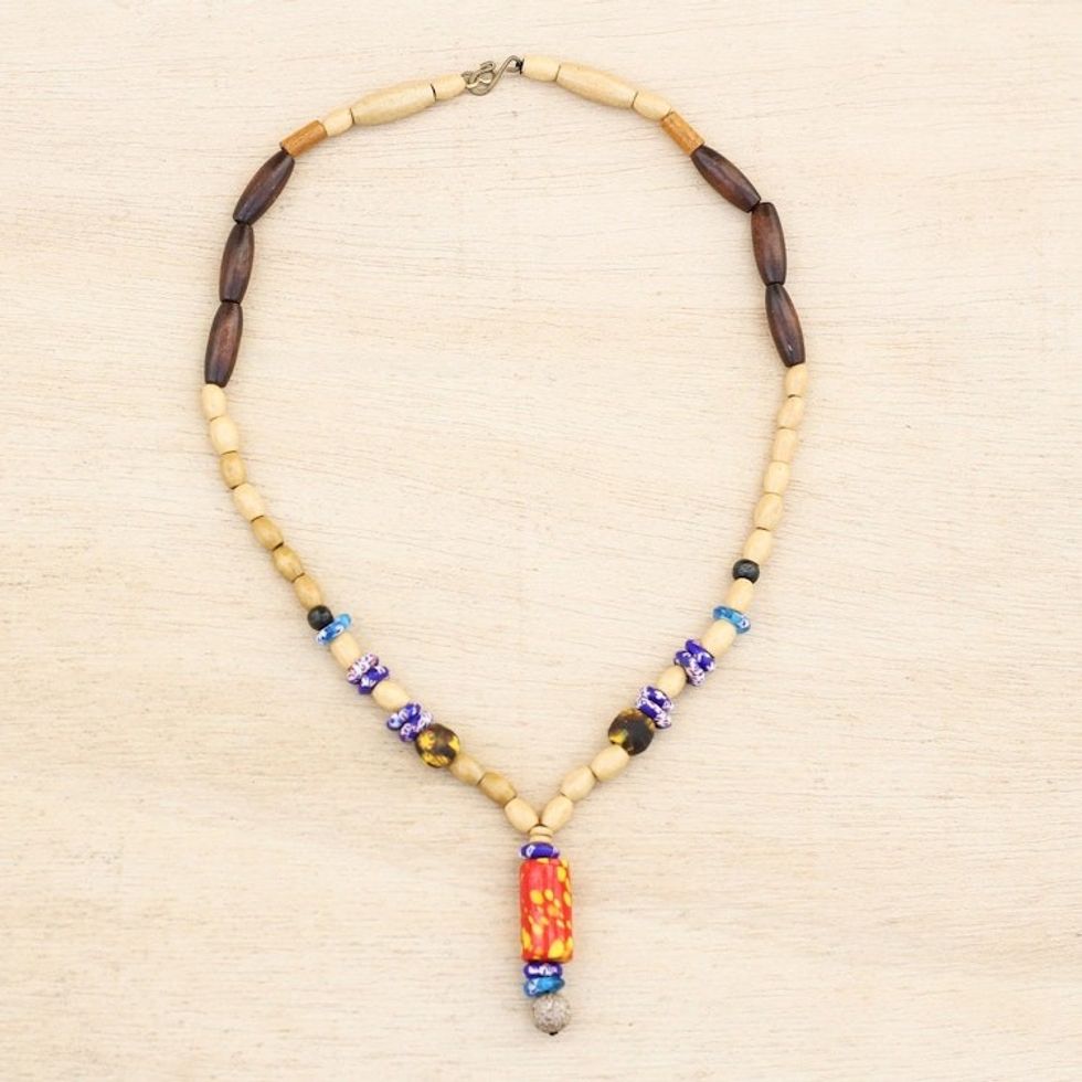 Wood and Colorful Recycled Glass Beaded Y-Necklace 'Realm of Beauty'