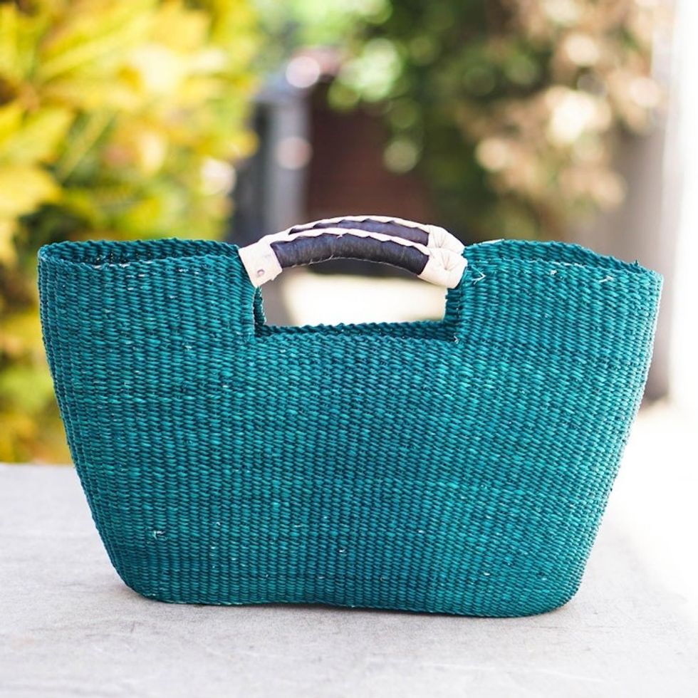 Natural Fiber and Leather Handle Handbag 'Saturday Market in Green'