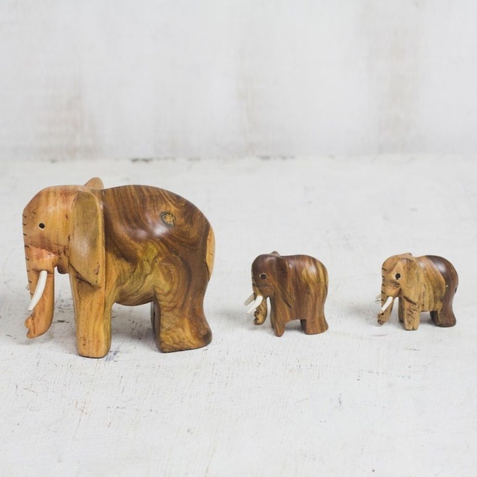 Ebony Wood Elephant Figurines from Ghana Set of 3 'Leading Mother'