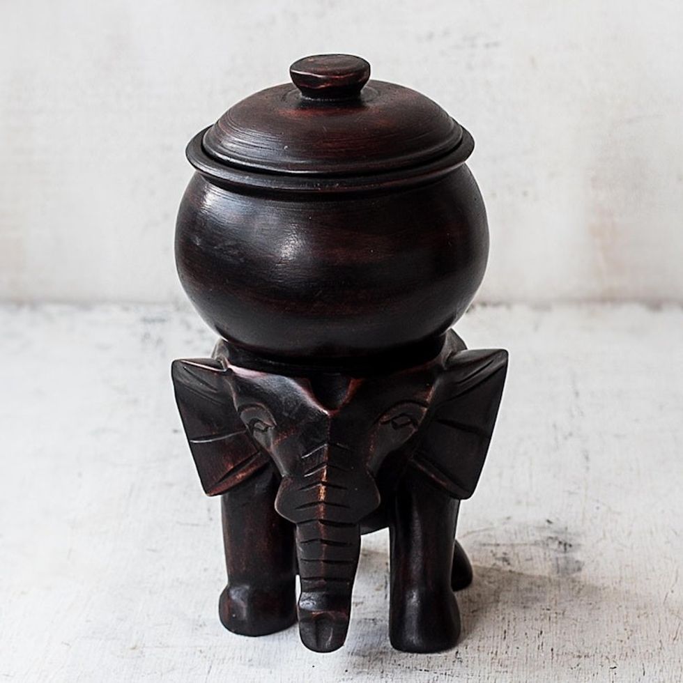 Hand Carved Wood Elephant Statuette with Lidded Jar 'Elephant's Cargo'