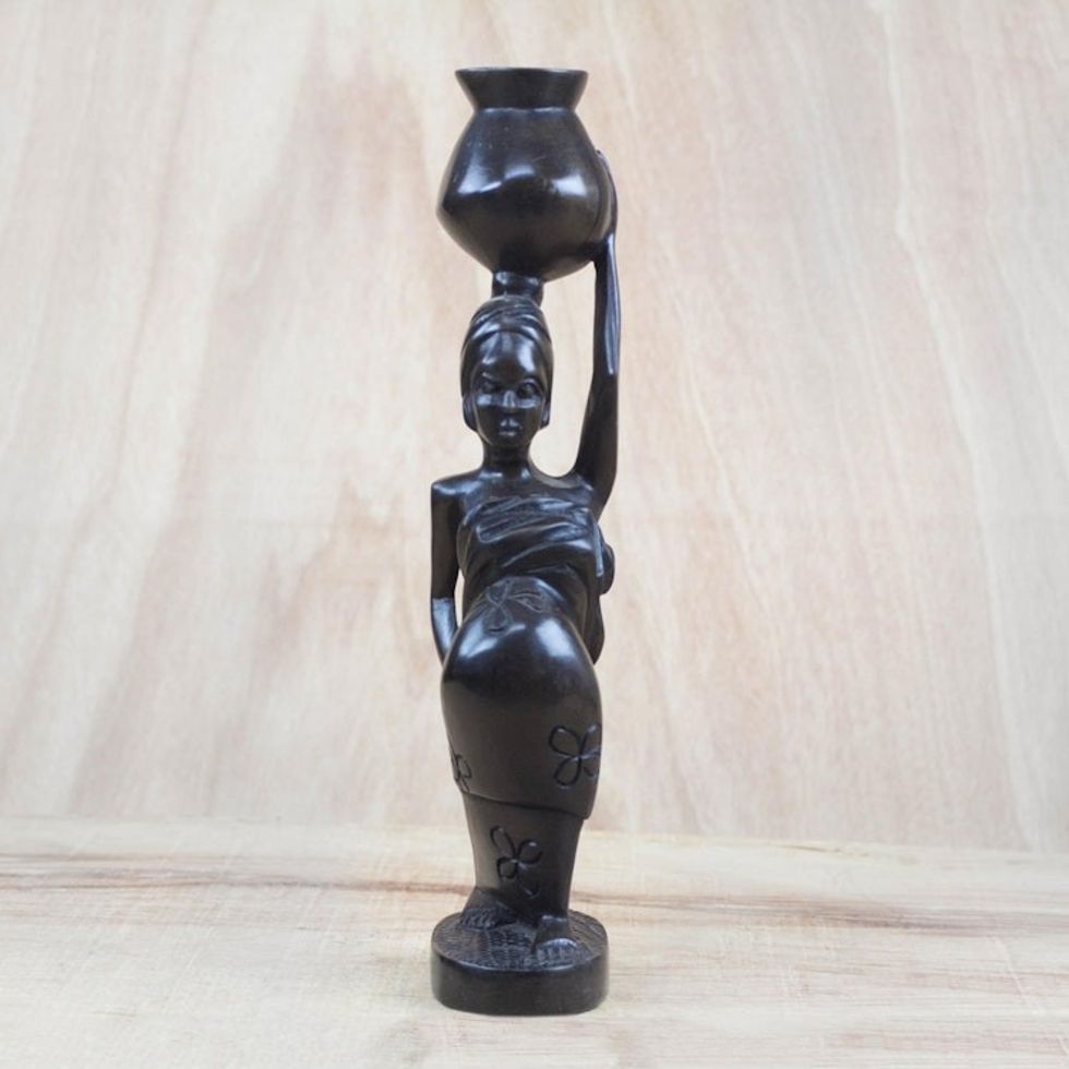 Handcrafted Ebony Wood Pregnant Woman Sculpture from Ghana 'Motherly Carrier'