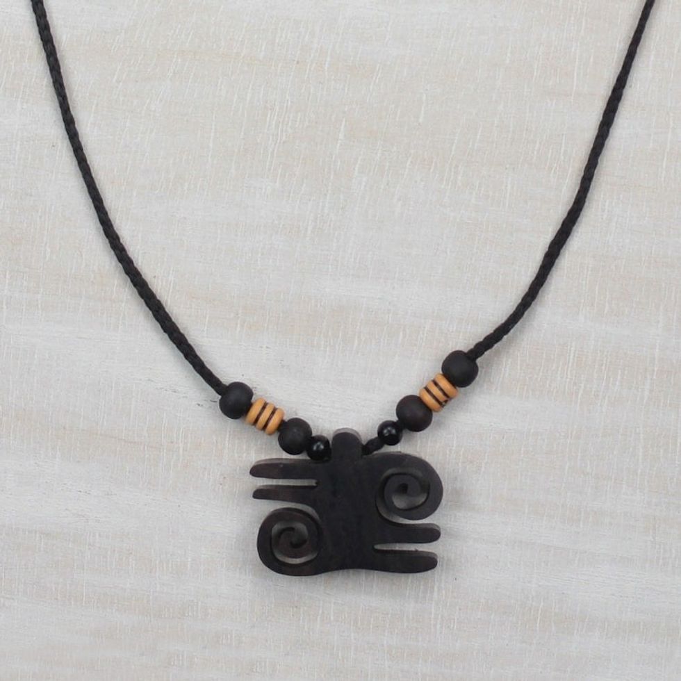 Ebony Wood and Recycled Plastic Adinkra Necklace from Ghana 'Kwatakye Atiko Curls'