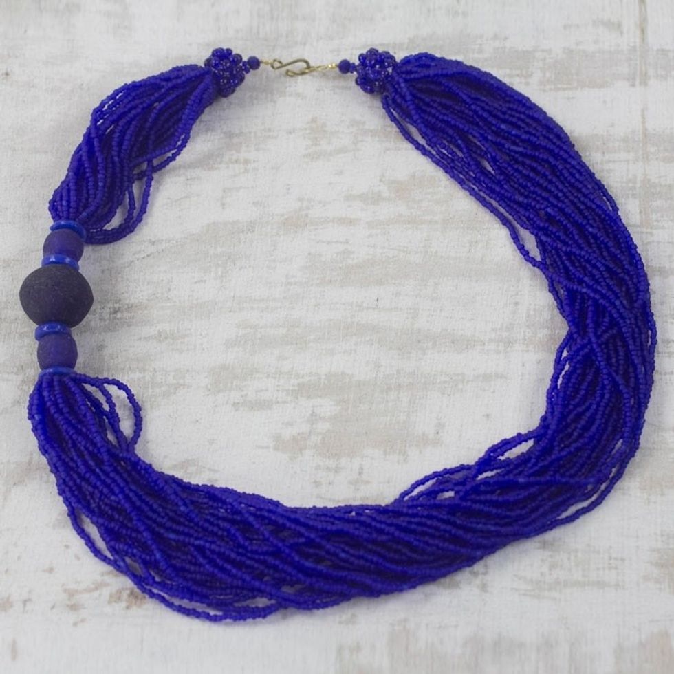 Handcrafted Royal Blue Recycled Glass Beaded Necklace 'Bluebird Song'