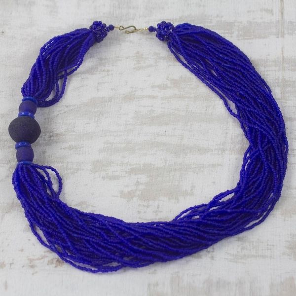 Alternate image for Handcrafted Royal Blue Recycled Glass Beaded Necklace Bluebird Song