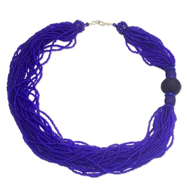 Alternate image for Handcrafted Royal Blue Recycled Glass Beaded Necklace Bluebird Song