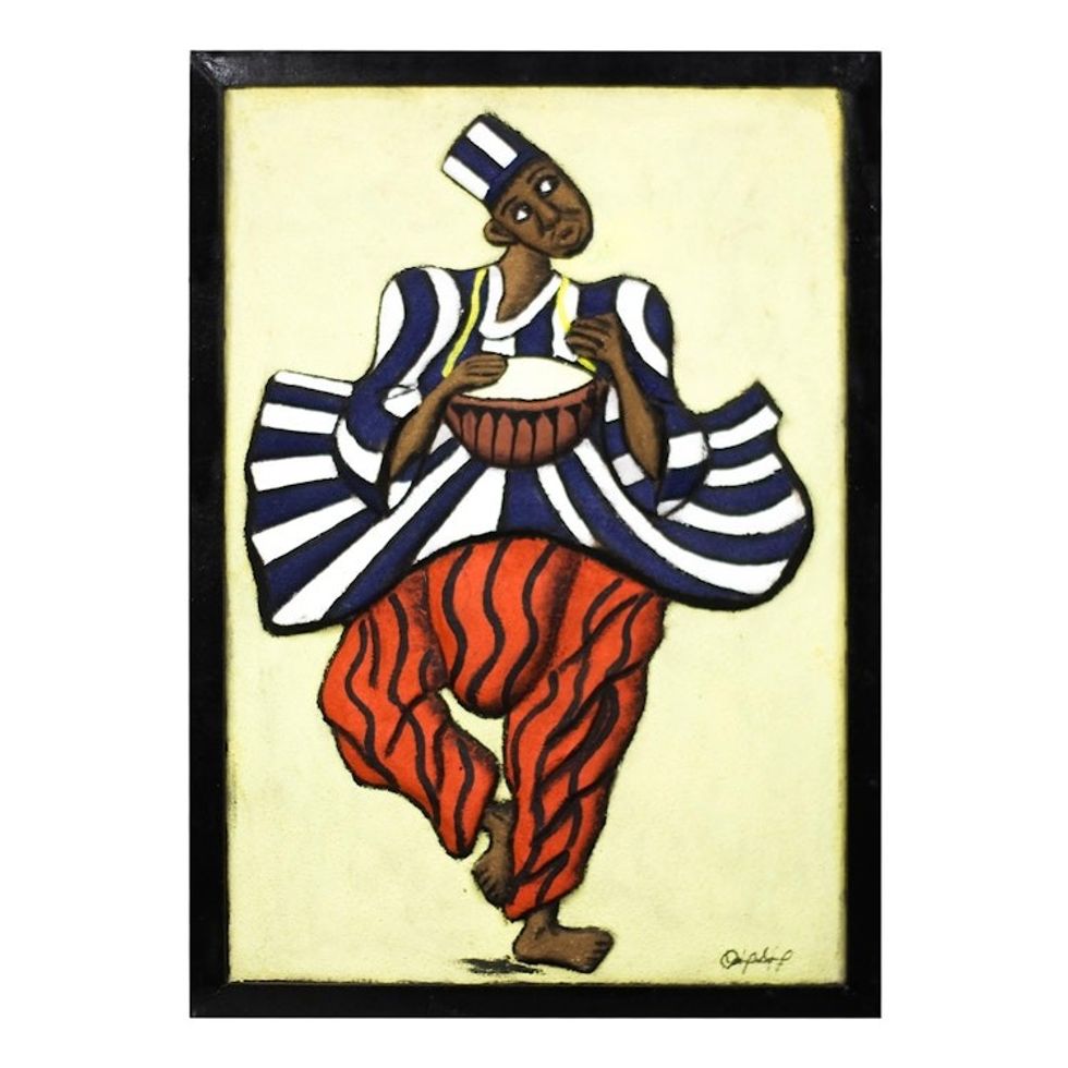 Wood and Sand Wall Art of a Drummer from Ghana 'Kontokoli'