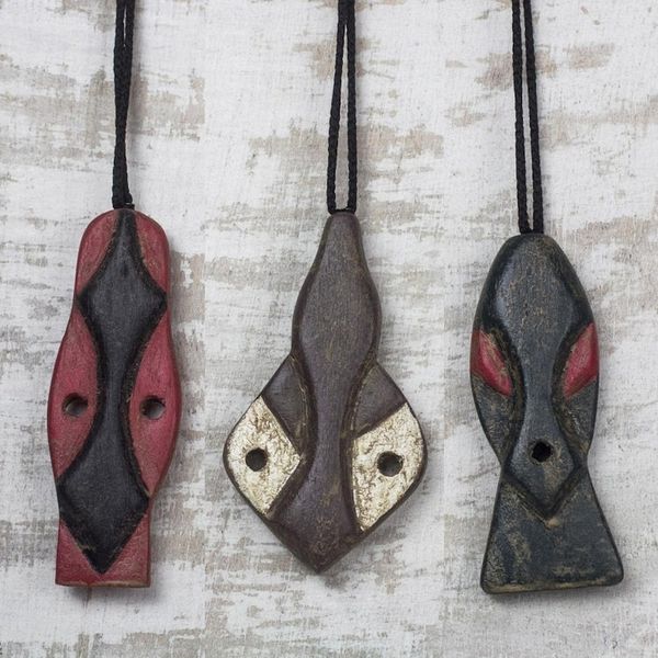 Alternate image for Wood African Mask Ornaments Crafted in Ghana Set of 3 Bedu Masks