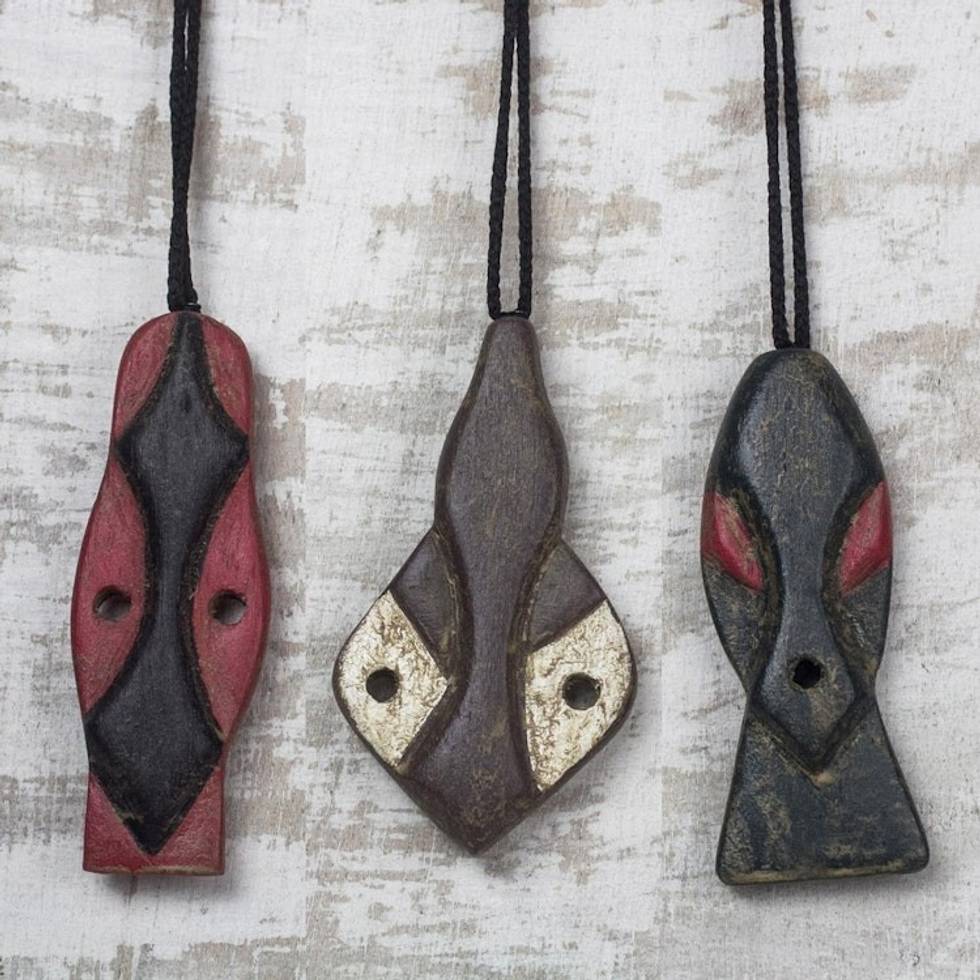 Wood African Mask Ornaments Crafted in Ghana Set of 3 'Bedu Masks'