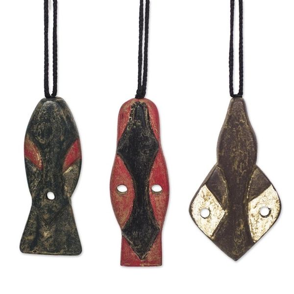 Alternate image for Wood African Mask Ornaments Crafted in Ghana Set of 3 Bedu Masks