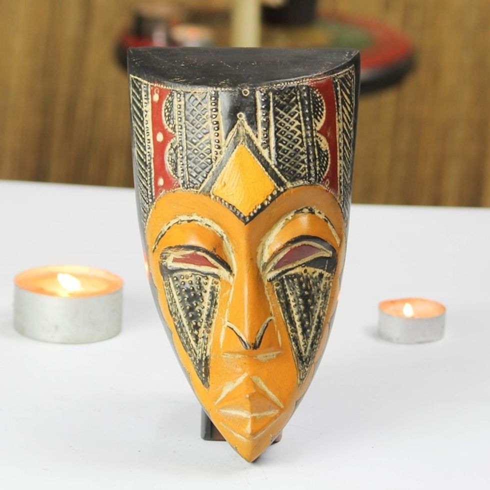 Rustic African Wood Mask in Orange from Ghana 'Kamgoli Be'