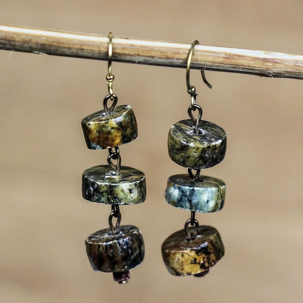 Soapstone Disc and Bauxite Beaded Dangle Earrings from Ghana 'Odo Nkonsonkonson'