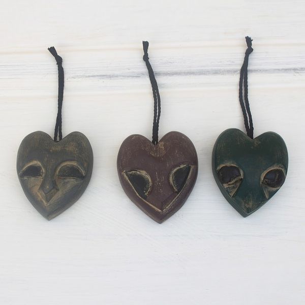 Alternate image for Handmade Ofram Wood Holiday Ornaments Set of 3 Heart Mask