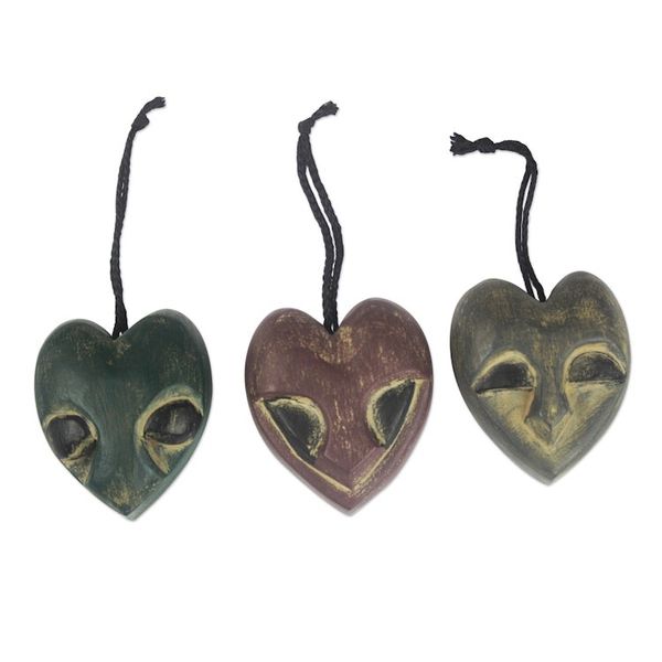 Alternate image for Handmade Ofram Wood Holiday Ornaments Set of 3 Heart Mask