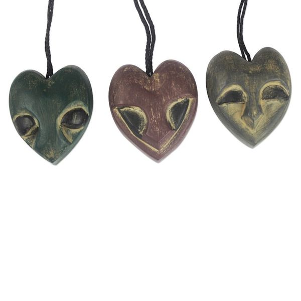 Alternate image for Handmade Ofram Wood Holiday Ornaments Set of 3 Heart Mask
