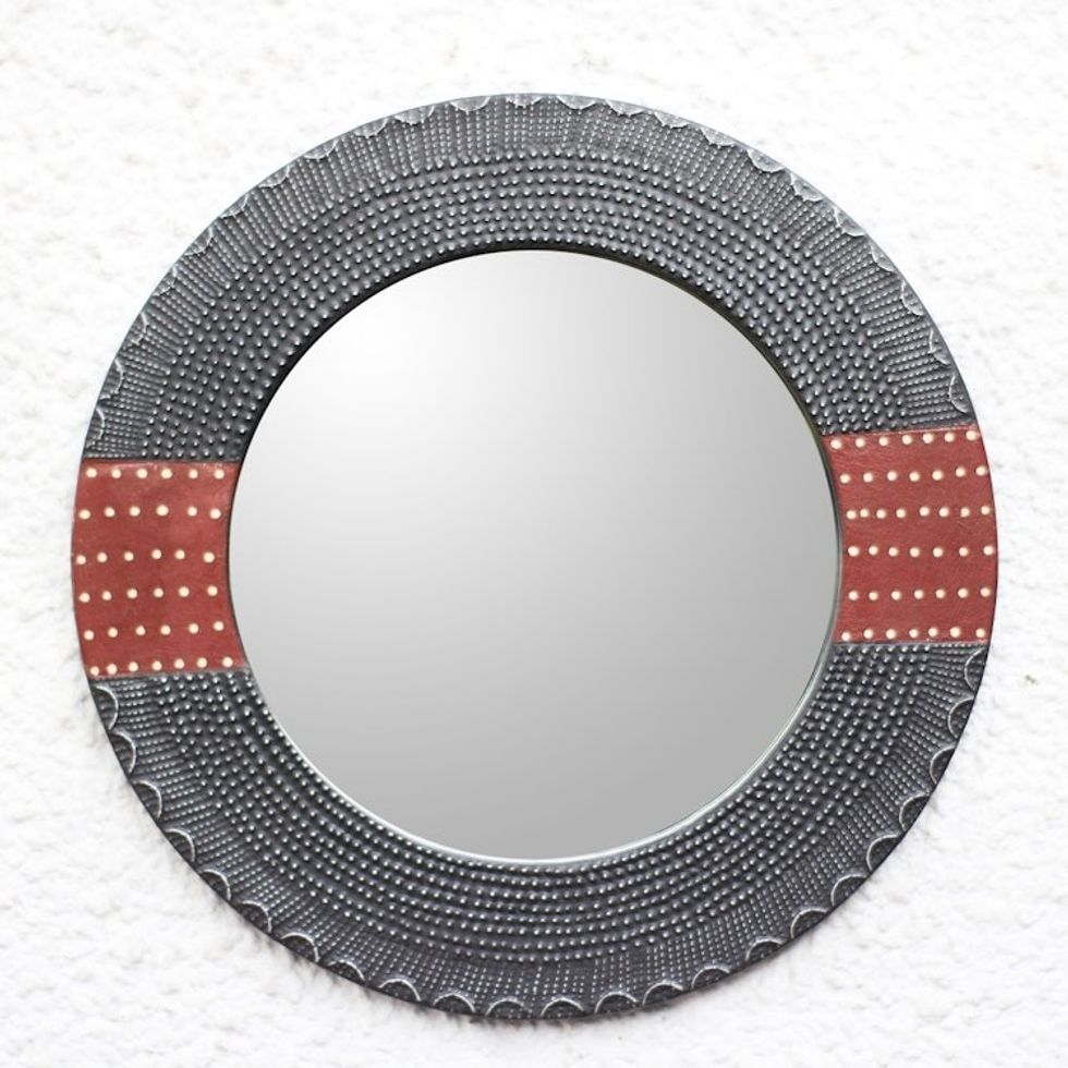 Dotted Wood and Aluminum Round Wall Mirror from Ghana 'Ahoufe Dots'