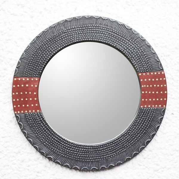 Alternate image for Dotted Wood and Aluminum Round Wall Mirror from Ghana Ahoufe Dots