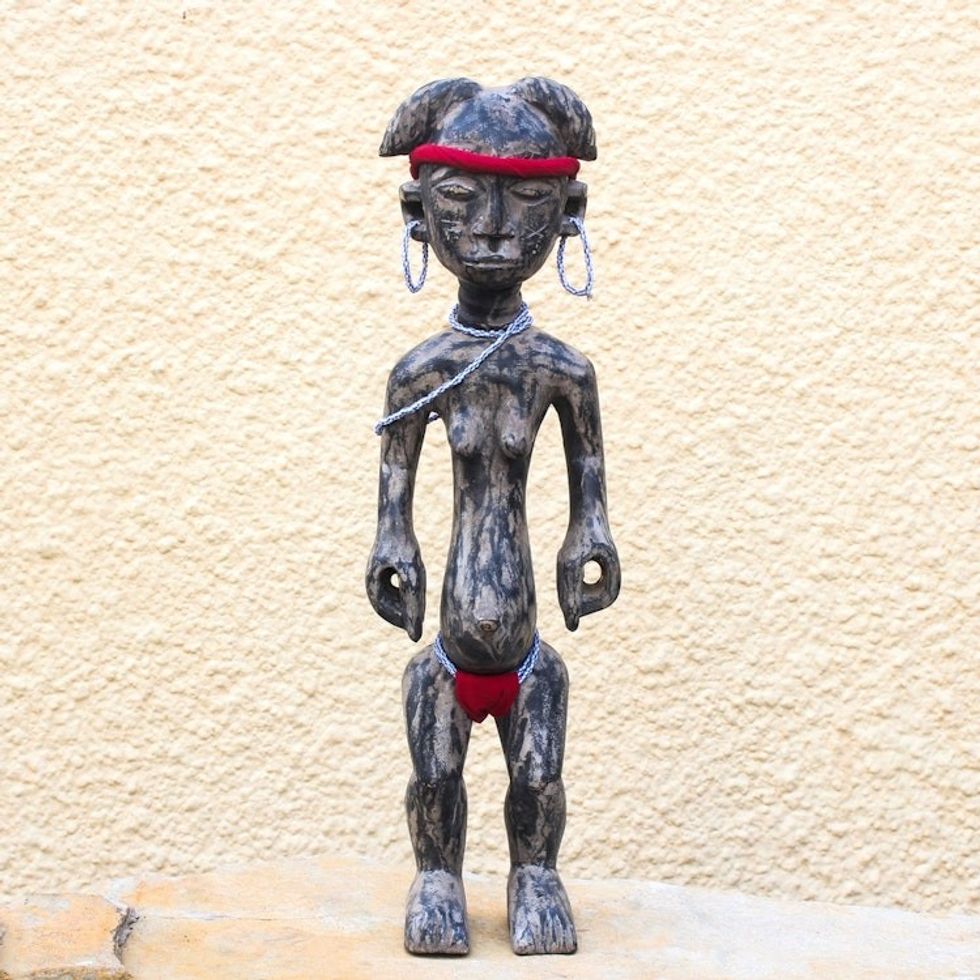 Sese Wood and Recycled Glass Bead Sculpture 'Female Warrior'