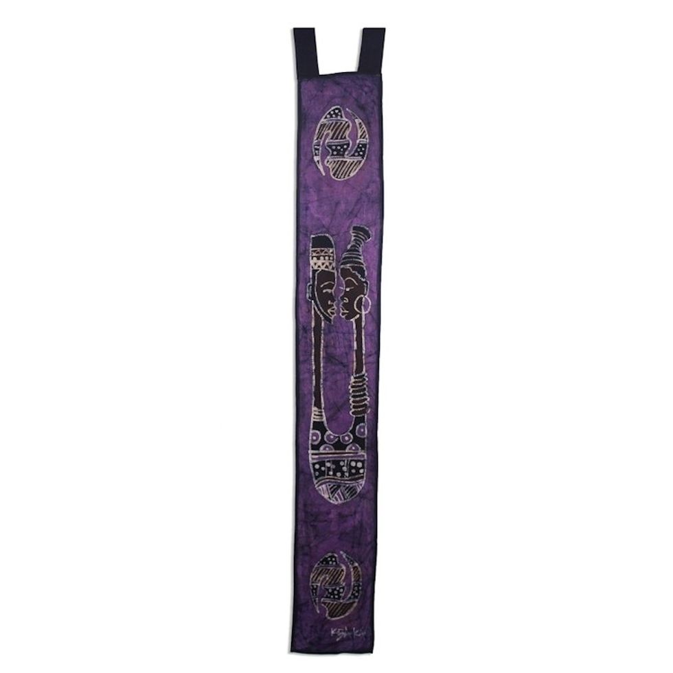 Signed Batik Cotton Wall Hanging of Two Lovers in Purple 'Lovers II'