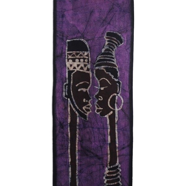 Alternate image for Signed Batik Cotton Wall Hanging of Two Lovers in Purple Lovers II