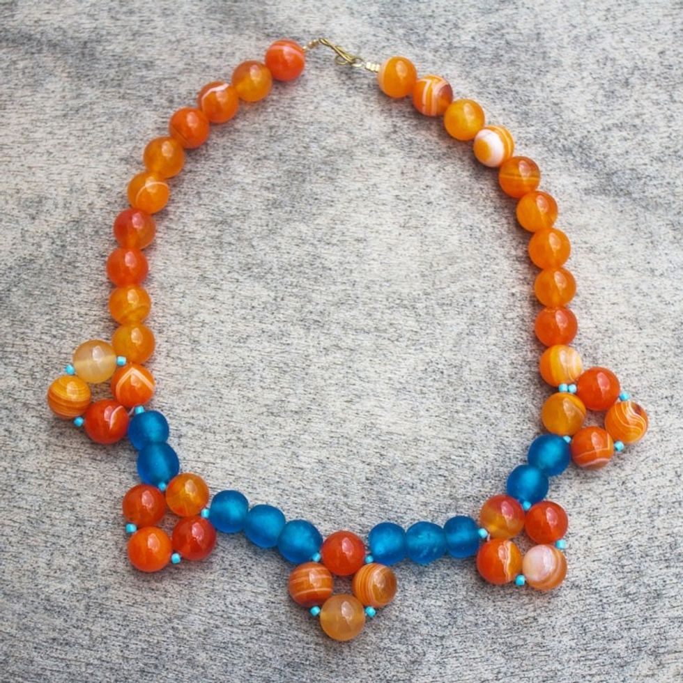 Orange and Blue Agate and Recycled Glass Bead Necklace 'Joyful'