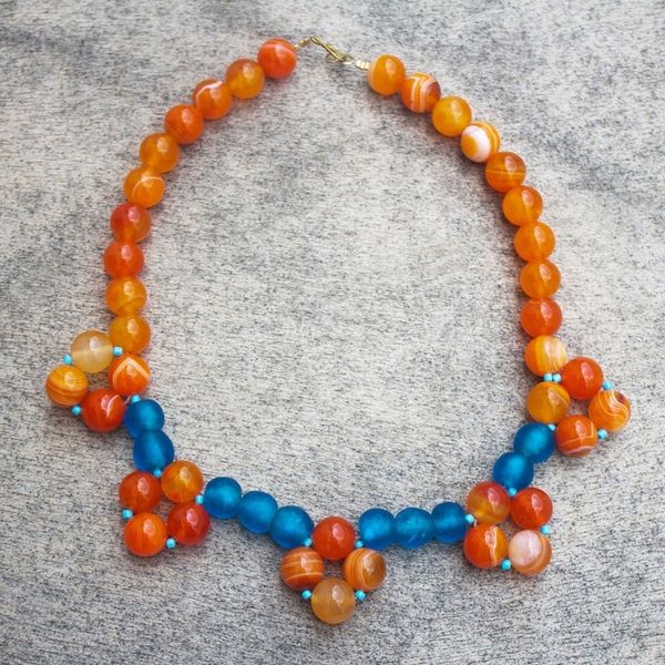 Alternate image for Orange and Blue Agate and Recycled Glass Bead Necklace Joyful