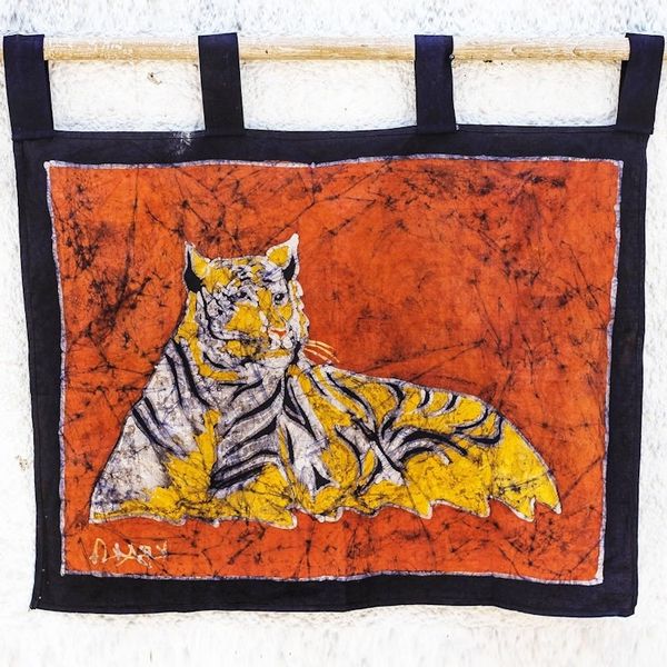 Alternate image for Tiger-Themed Batik Cotton Wall Hanging from Ghana Resting Tiger
