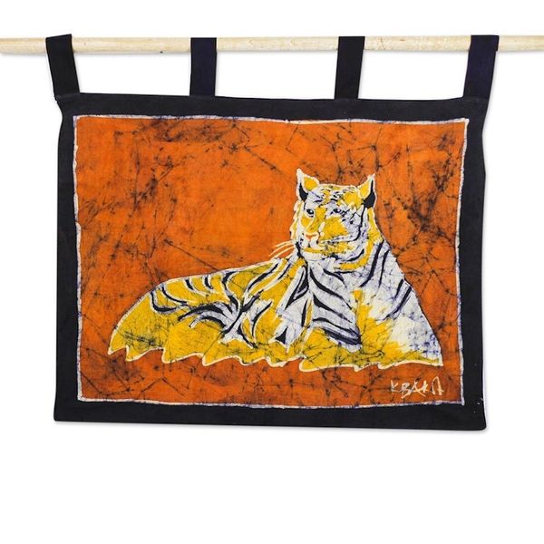 Alternate image for Tiger-Themed Batik Cotton Wall Hanging from Ghana Resting Tiger