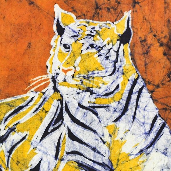 Alternate image for Tiger-Themed Batik Cotton Wall Hanging from Ghana Resting Tiger